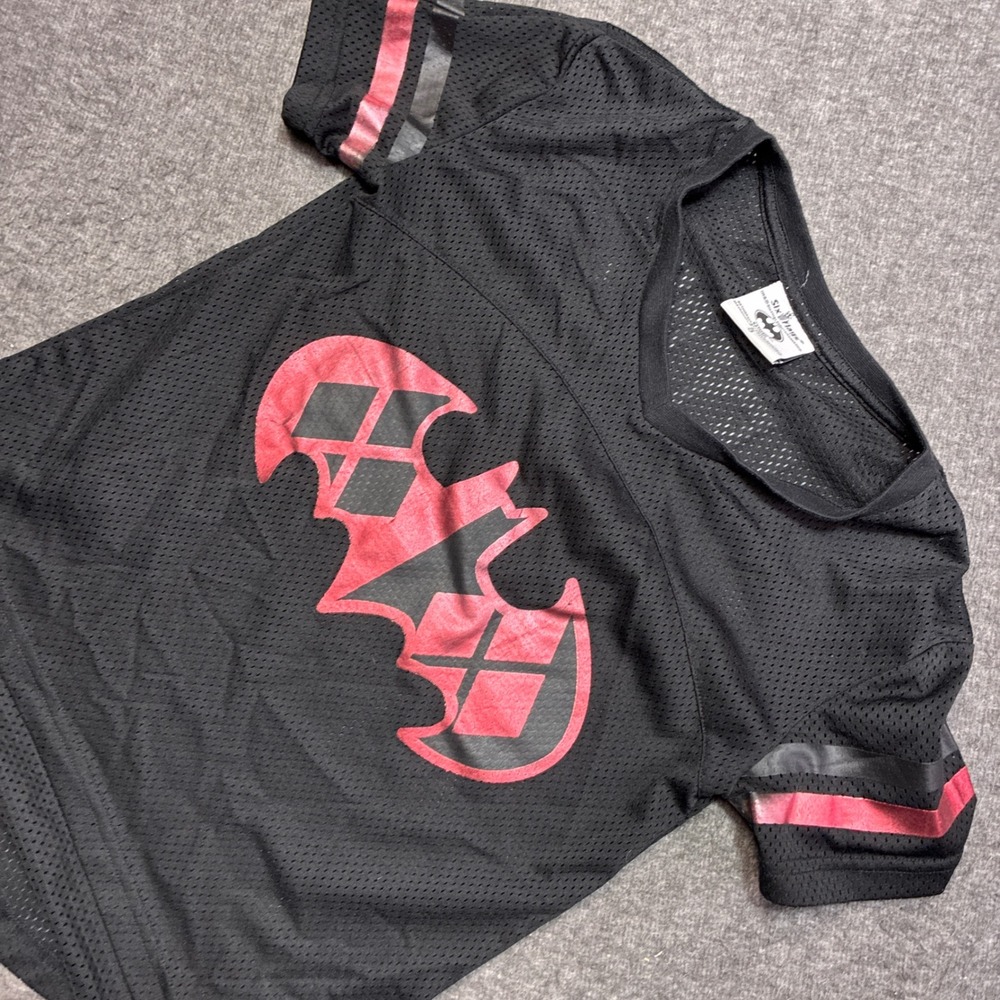 Vintage Six Flags Harley Quinn Jersey Women Small Black Mesh Batman Logo Striped